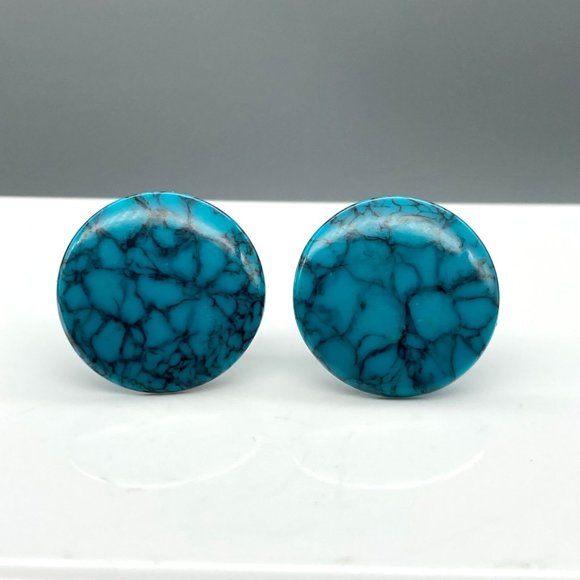 Faux Turquoise Screw Back Earrings, Vintage Blue Veined Lucite Buttons - Picture 2 of 5